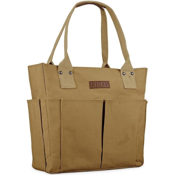 Women's Brown Tote Bags Large Utility Bags with Pockets Zip for Teacher Work - Picture 1 of 6